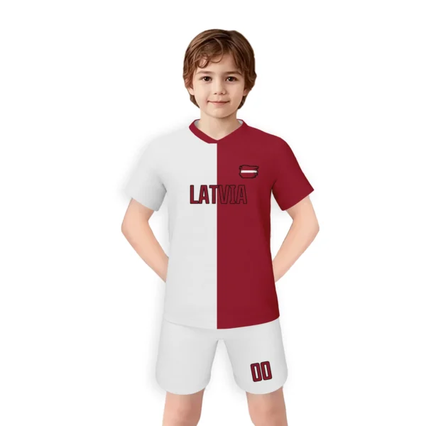 Custom Latvia Youth Soccer Jersey Kids Football Uniform Set printed Name Number 2025 V-Neck Short Sleeve Sportwear ﻿