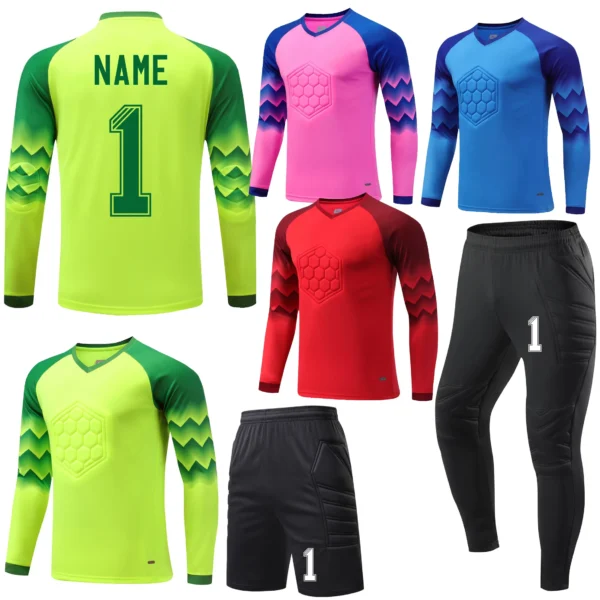2025 Men Kid Football Goalkeeper Uniform Protective Sponge Long Sleeve Soccer Training Goalkeeper Top Soccer Jersey Pants Custom