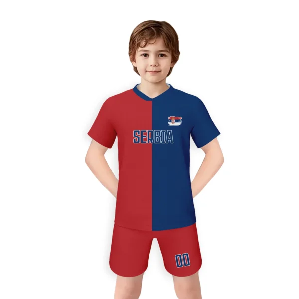 Serbia Youth Soccer Jerseys for Kids Personalized Red Blue Tops and Red Shorts Custom Football Uniform Set with Name Number