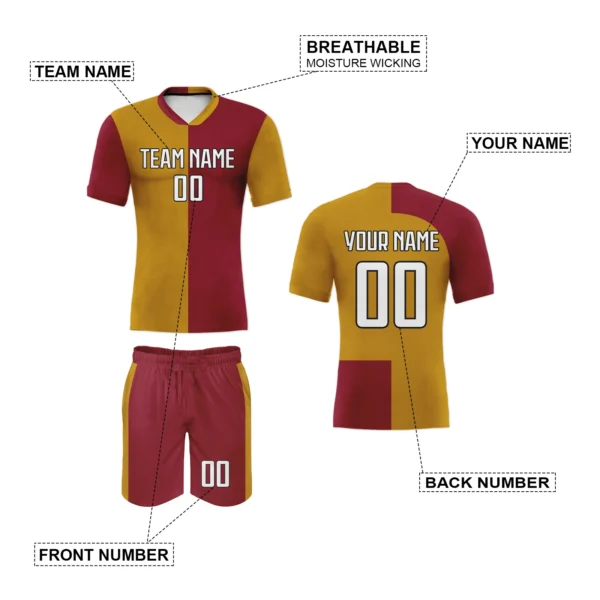 Custom Soccer Uniform for Adults Maroon Gold Personalized Football Jersey and Shorts Set with Team Name Number Tracksuit Unisex