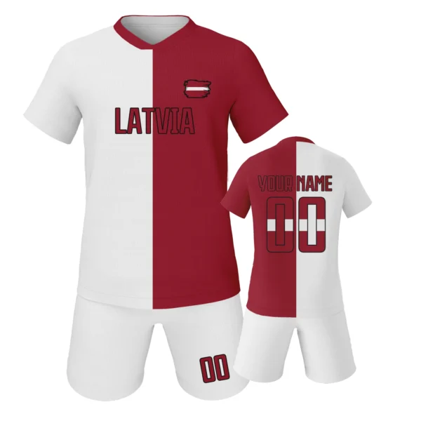 Custom Latvia Youth Soccer Jersey Kids Football Uniform Set printed Name Number 2025 V-Neck Short Sleeve Sportwear ﻿