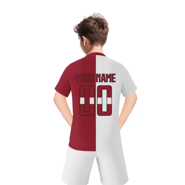 Custom Latvia Youth Soccer Jersey Kids Football Uniform Set printed Name Number 2025 V-Neck Short Sleeve Sportwear ﻿