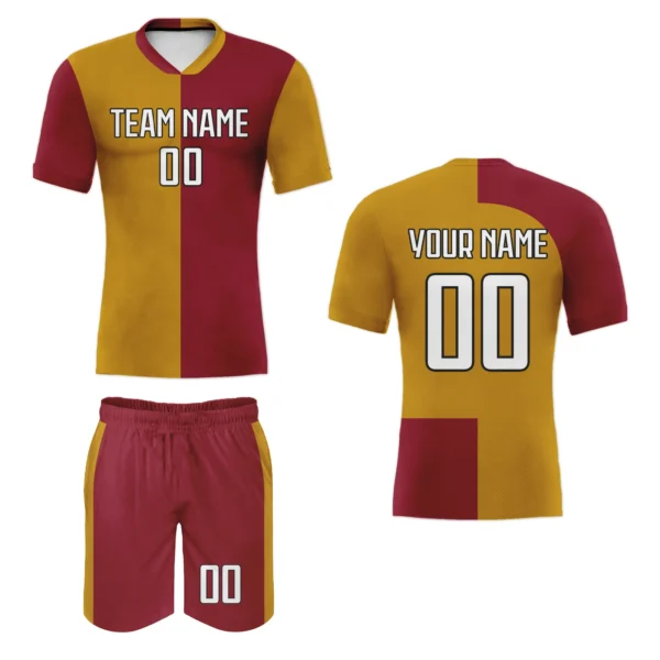 Custom Soccer Uniform for Adults Maroon Gold Personalized Football Jersey and Shorts Set with Team Name Number Tracksuit Unisex