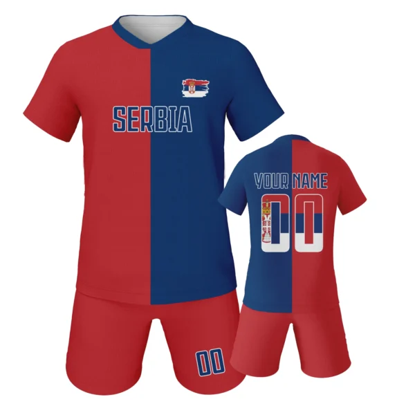Serbia Youth Soccer Jerseys for Kids Personalized Red Blue Tops and Red Shorts Custom Football Uniform Set with Name Number
