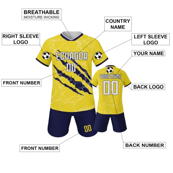 Customizable Ecuador Youth Football Uniform Personalization Soccer Tops and Shorts with Name&Number Soccer Jerseys Set for 3-14Y